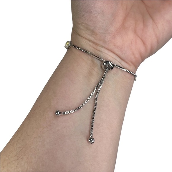 Synthetic Opal and Rhinestone Bolo Slide Lock Silver Tone Bracelet - Picture 5 of 9